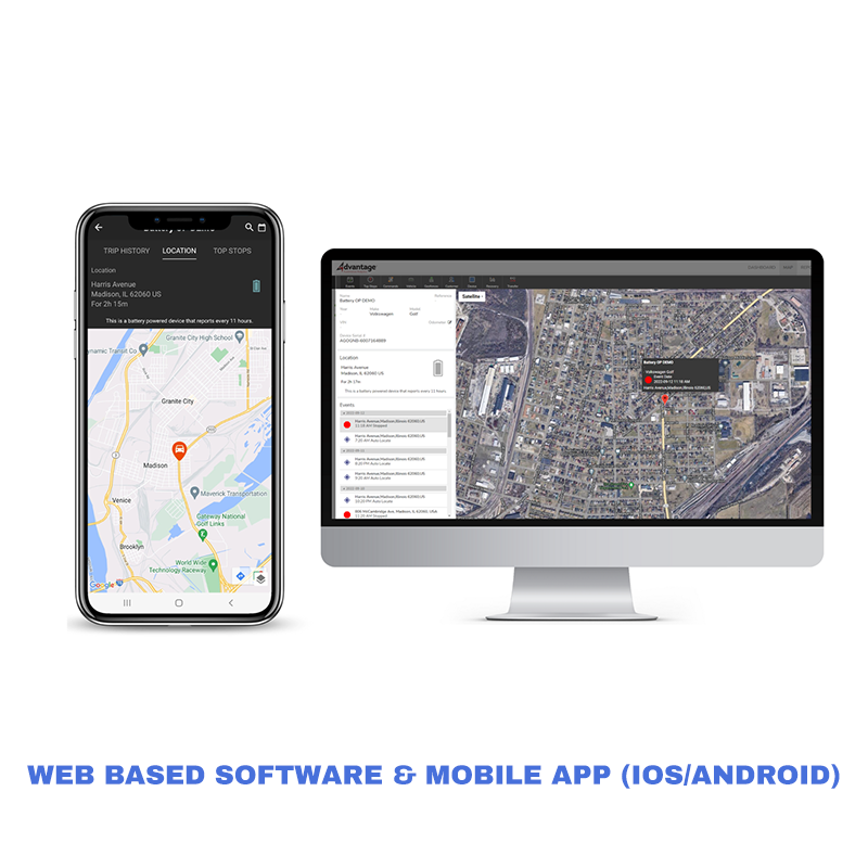 A phone and a computer screen display previews of the web based software and mobile app provided for free to all businesses utilizing GPS tracking solutions from On Demand Tracking customers