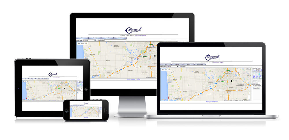 Multiple device screens of various sizes showcasing the On Demand Tracking custom web based software and mobile apps provided to clients utilizing their many different GPS tracking solutions